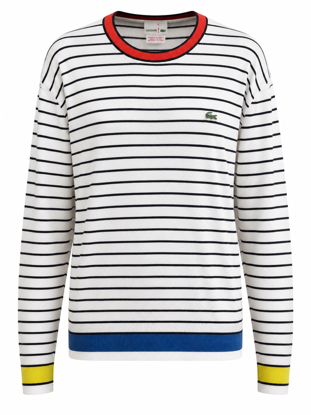 Lacoste Men’s Striped Cotton Sweater Size 6 White Navy Crewneck XL / XXL